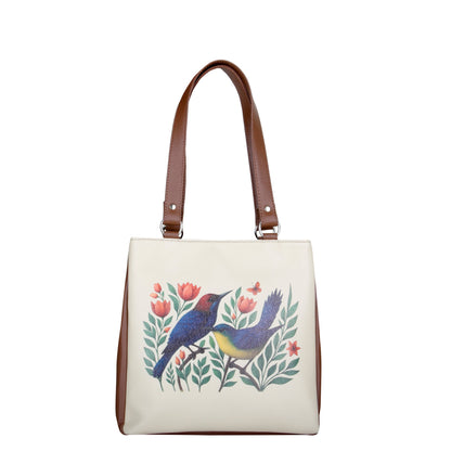 Women's vegan leather birds print tote bag with multi-compartment design for work, travel and everyday use