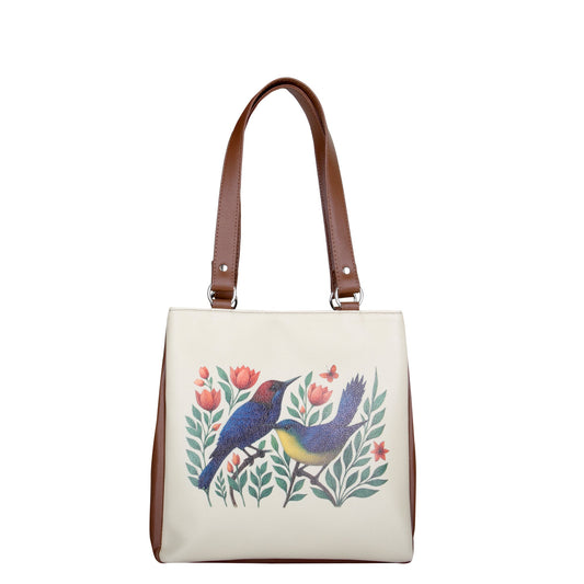 Women’s Wholesale Vegan Leather Tote Shoulder Bag – Hand Printed Birds Print, Multi‑Compartment Handbag for Work, Travel & Everyday Use