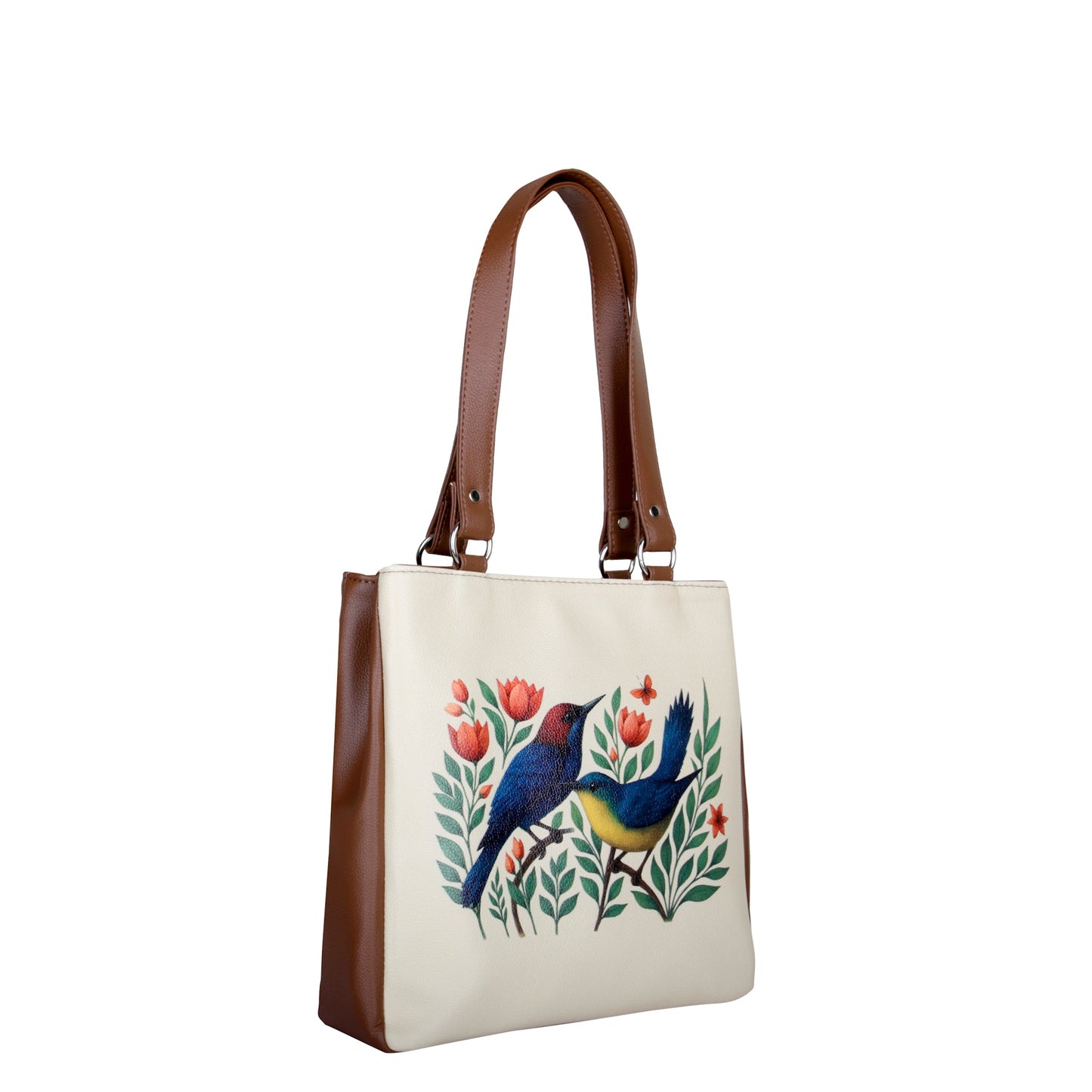 Women’s Wholesale Vegan Leather Tote Shoulder Bag – Hand Printed Birds Print, Multi‑Compartment Handbag for Work, Travel & Everyday Use