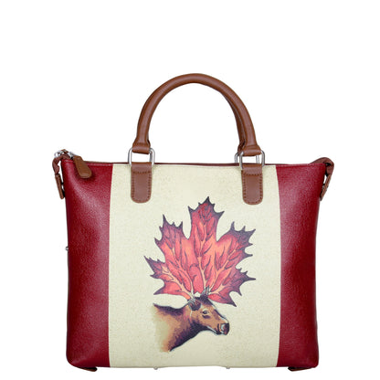 Women's vegan leather maple leaf print shoulder bag with top handles for work, travel and everyday use