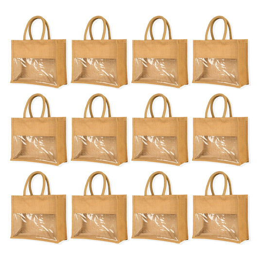 Wholesale Jute Tote Bags with PVC – Gifts for Events, Weddings, New Year, Christmas, Promotional (Set of 12)