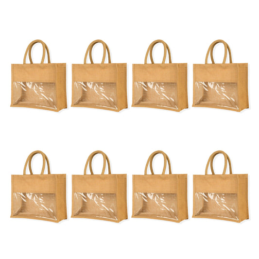 Jute Tote Bags with PVC Window – Wholesale Reusable Bags for Weddings, Christmas Parties & Special Occasions (Set of 8)