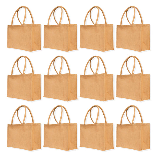 Natural Jute Burlap Tote Shopping Bags in Wholesale– Perfect for Promotional, DIY, Weddings, Beach, and Groceries (Packs of 12)