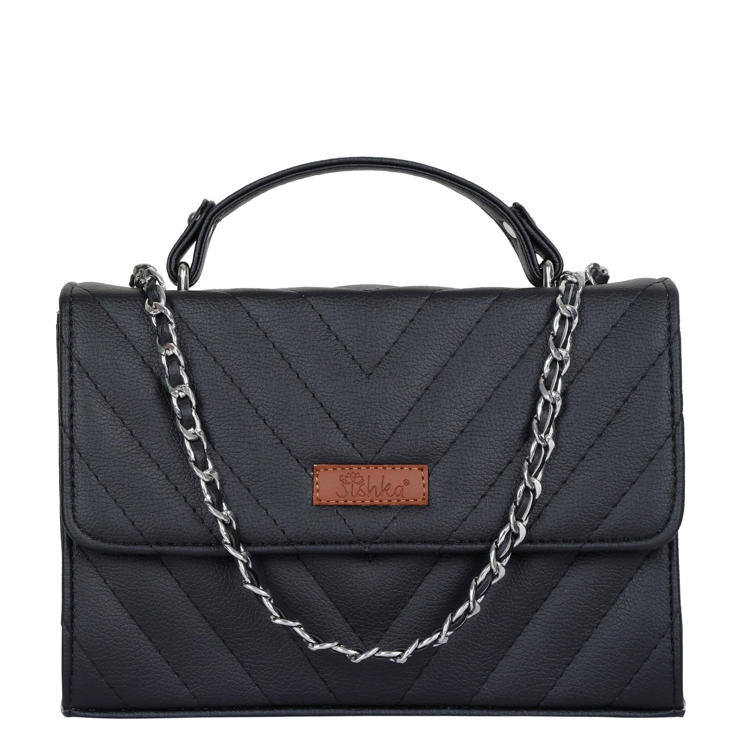 Women’s black quilted vegan leather crossbody sling bag with chain strap and top handle