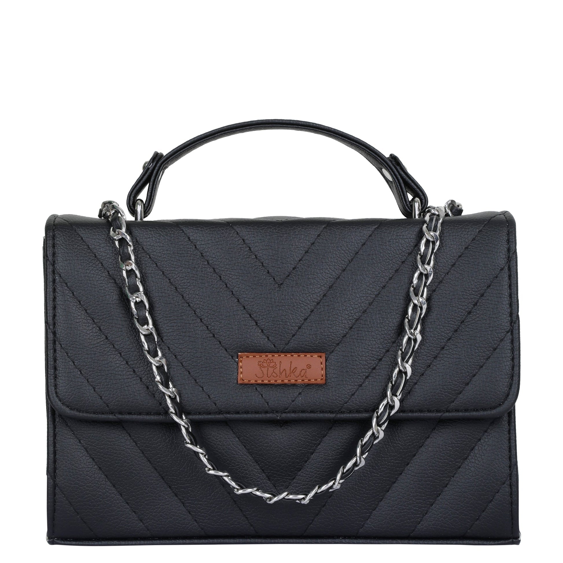 Women’s black quilted vegan leather crossbody sling bag with chain strap and top handle