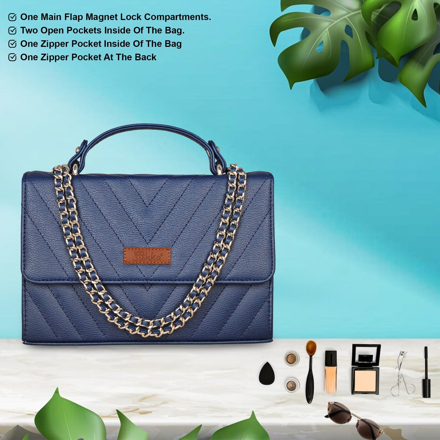 Blue Quilted Vegan Leather Wholesale Sling Bags – Women’s Chain Strap Shoulder Purse