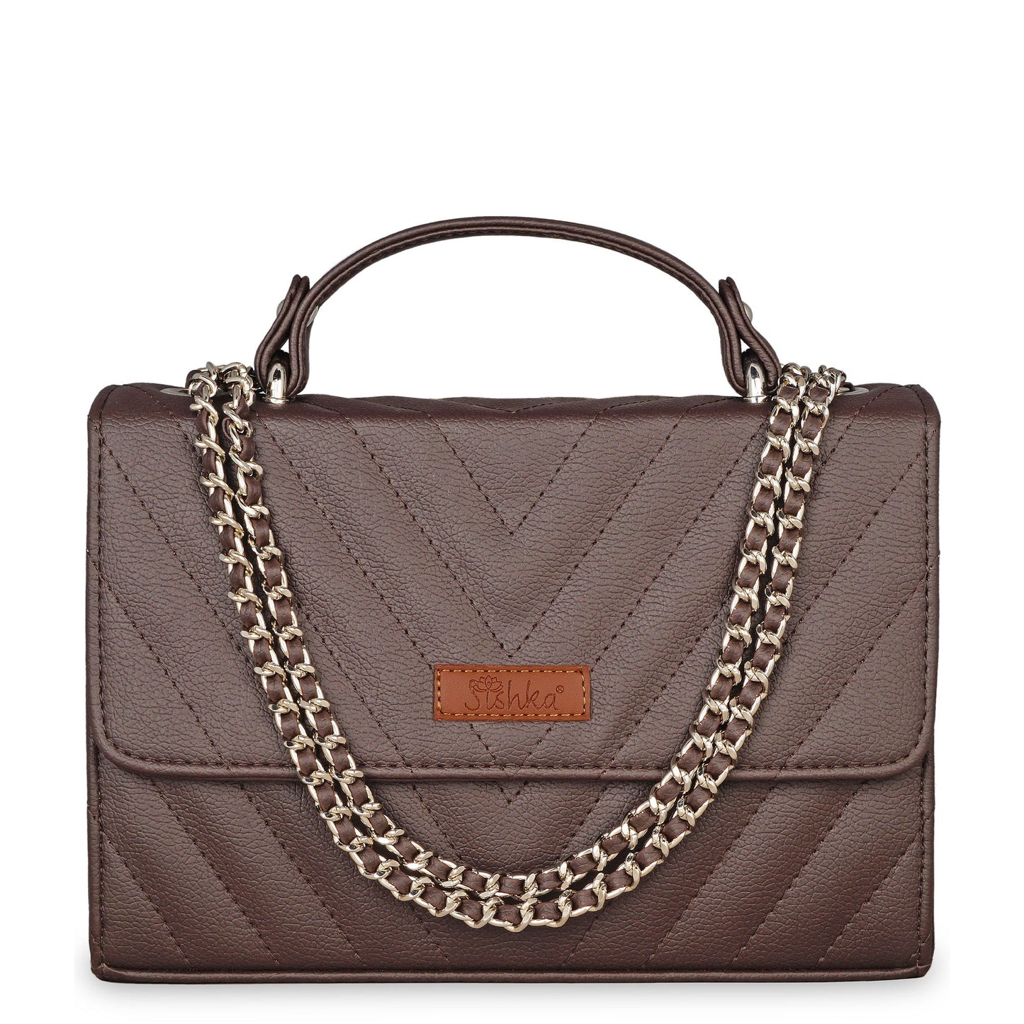 Women’s brown quilted vegan leather crossbody sling bag with chain strap and top handle