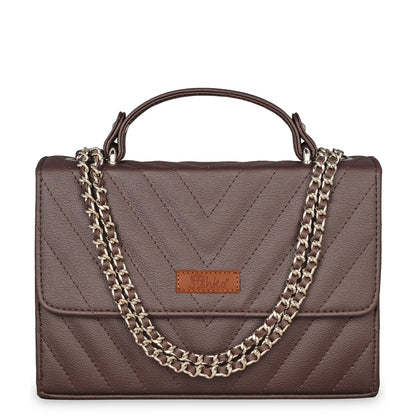 Women’s brown quilted vegan leather crossbody sling bag with chain strap and top handle