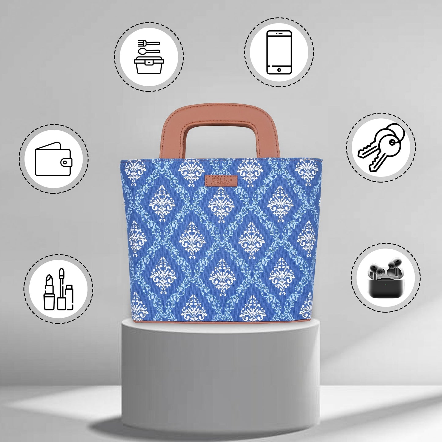 Women’s Blue Top Handle Tote Bags with Vegan Leather Trim – Wholesale