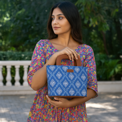 Women’s Blue Top Handle Tote Bags with Vegan Leather Trim – Wholesale