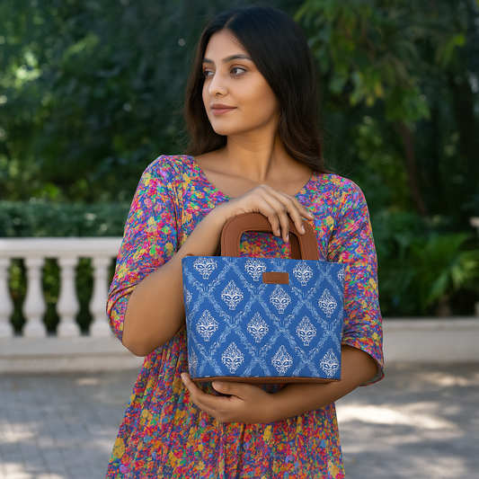 Women’s Blue Top Handle Tote Bags with Vegan Leather Trim – Wholesale