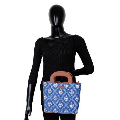 Women’s Blue Top Handle Tote Bags with Vegan Leather Trim – Wholesale