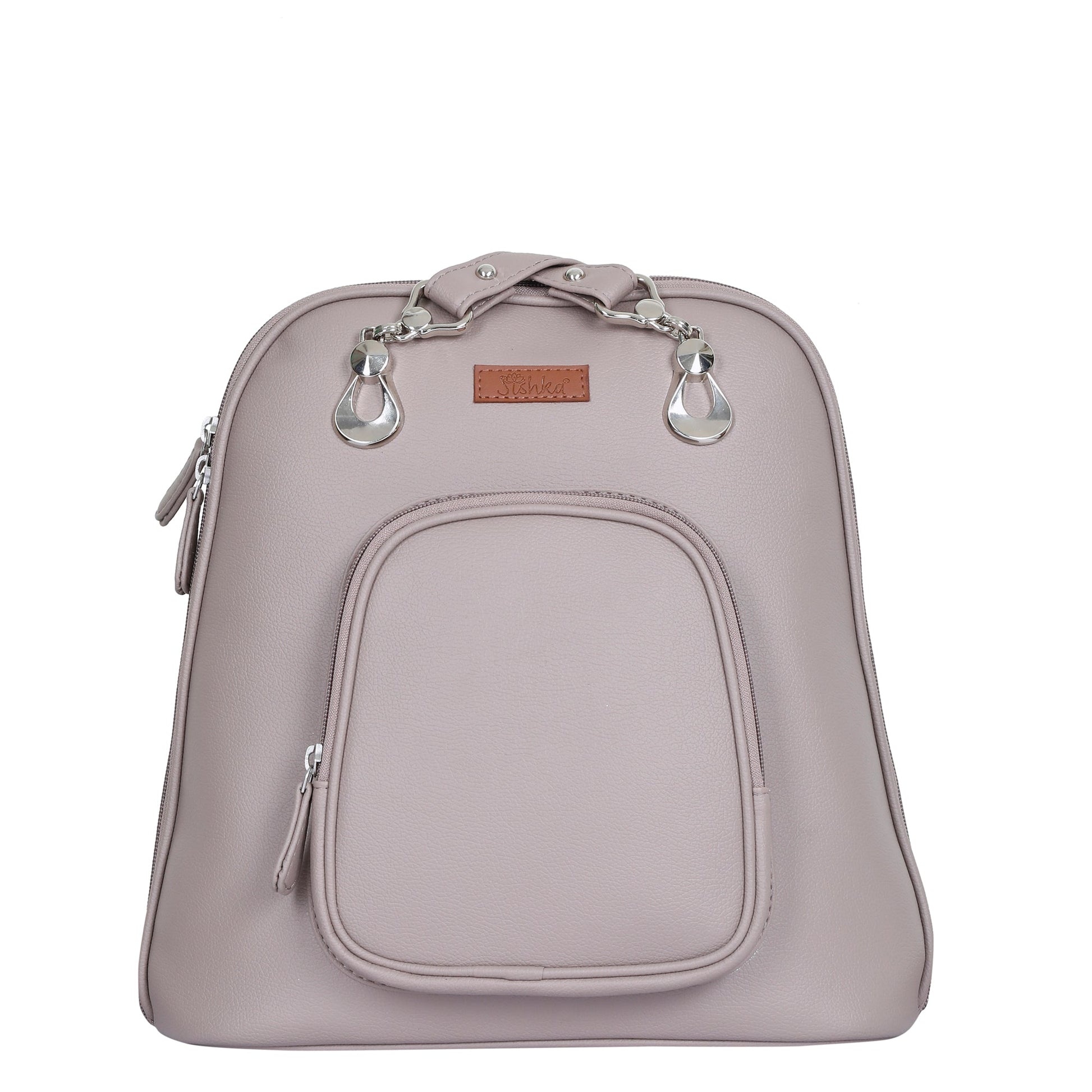 Women’s mauve vegan leather top‑handle backpack with structured silhouette and front pocket
