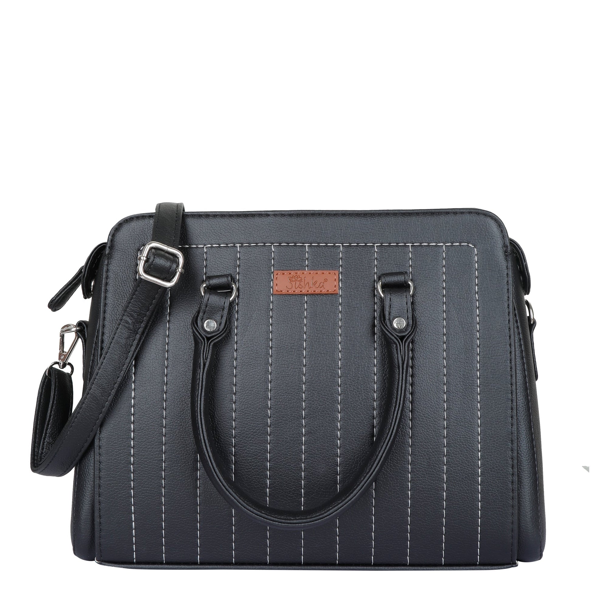 Women’s black vegan leather top‑handle satchel handbag with shoulder strap