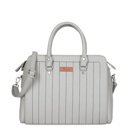 Women’s grey vegan leather top‑handle satchel handbag with shoulder strap