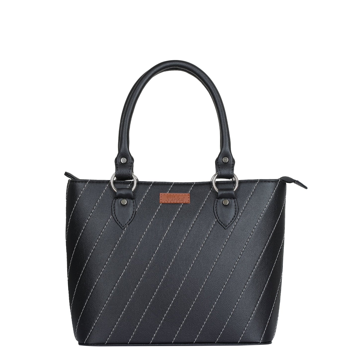 Women’s black vegan leather top‑handle tote handbag