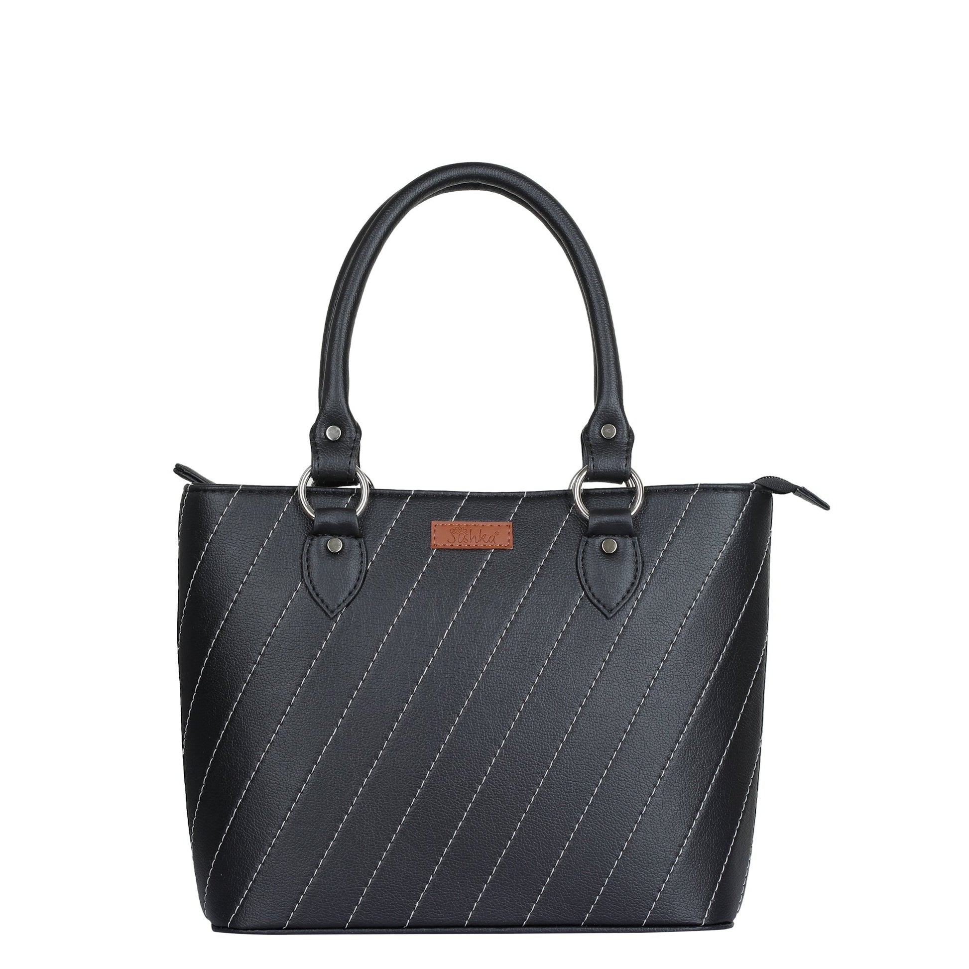 Women’s black vegan leather top‑handle tote handbag