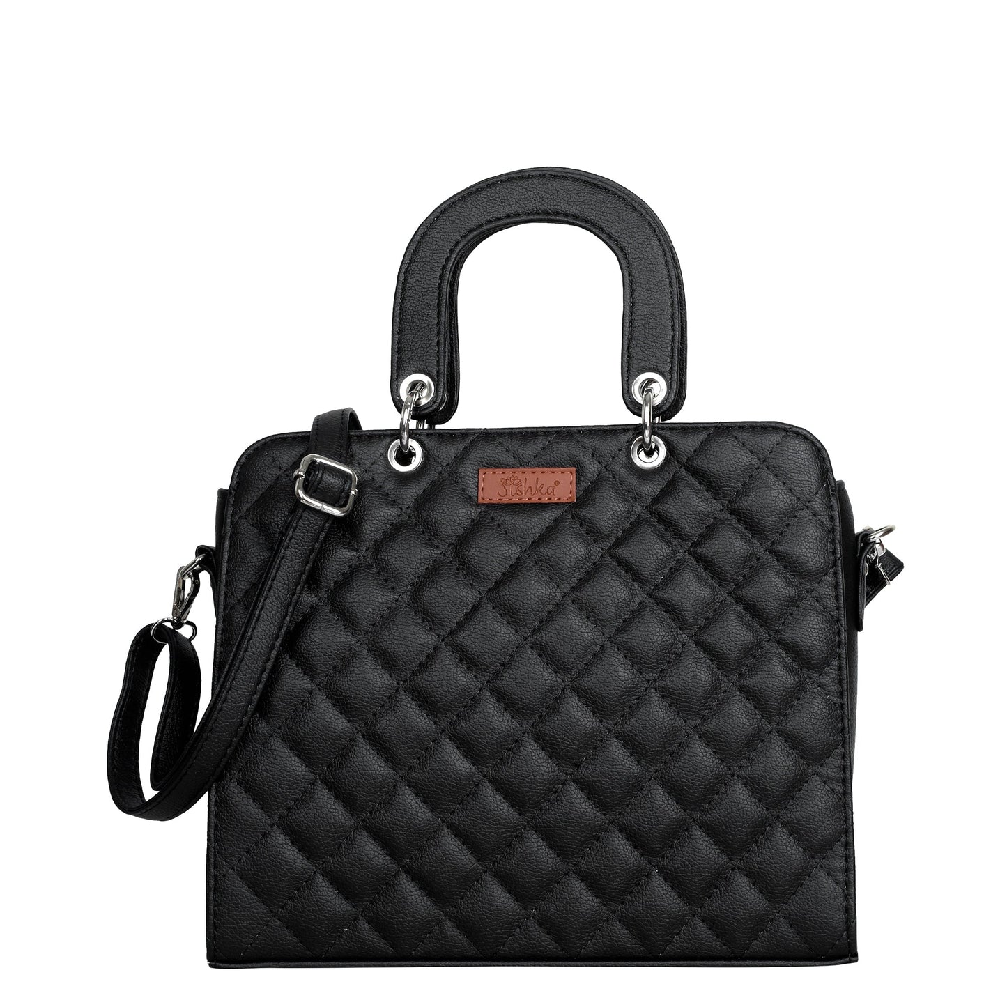 Women’s black quilted vegan leather top‑handle satchel handbag with shoulder strap