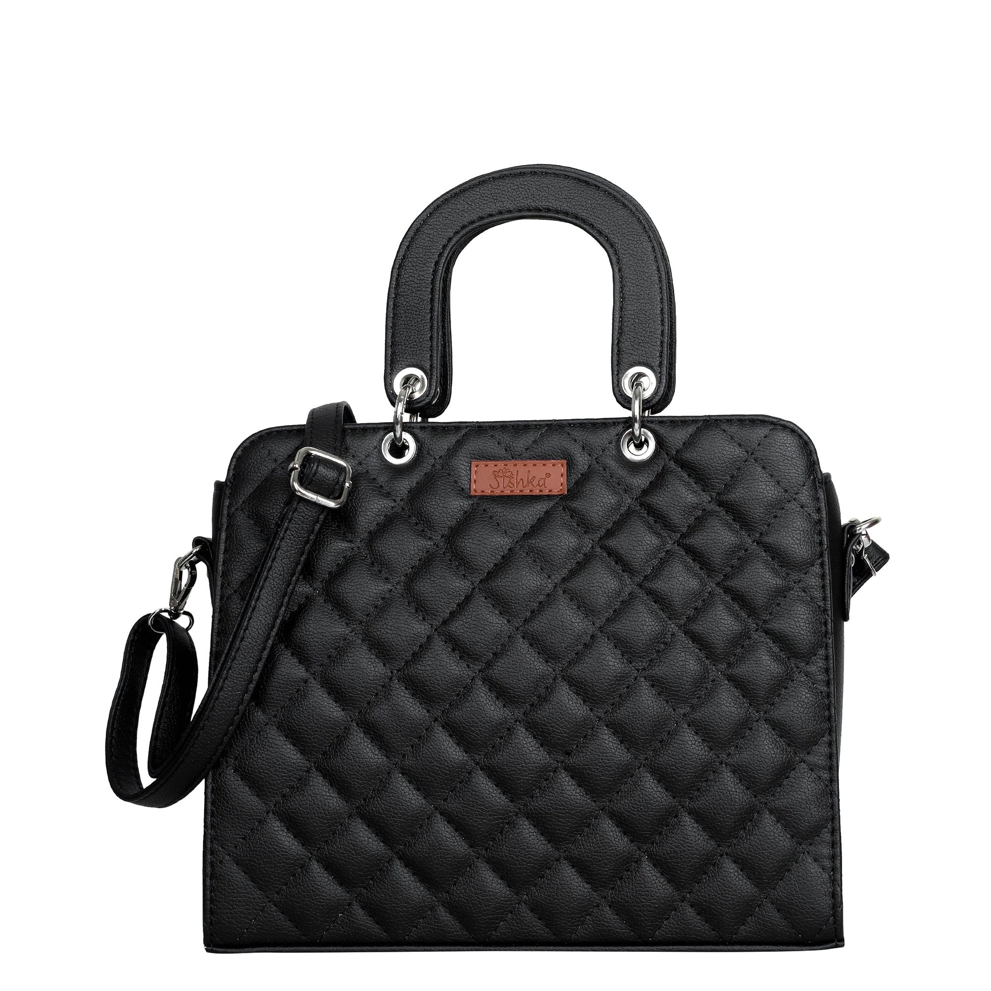 Women’s black quilted vegan leather top‑handle satchel handbag with shoulder strap