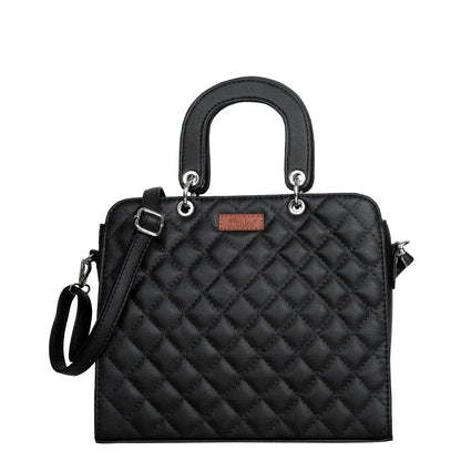 Women’s black quilted vegan leather top‑handle satchel handbag with shoulder strap