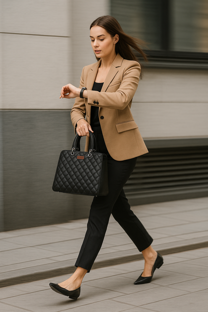 Black Quilted Vegan Leather Tote Bag for Women–  Wholesale Top Handle Satchel Handbag