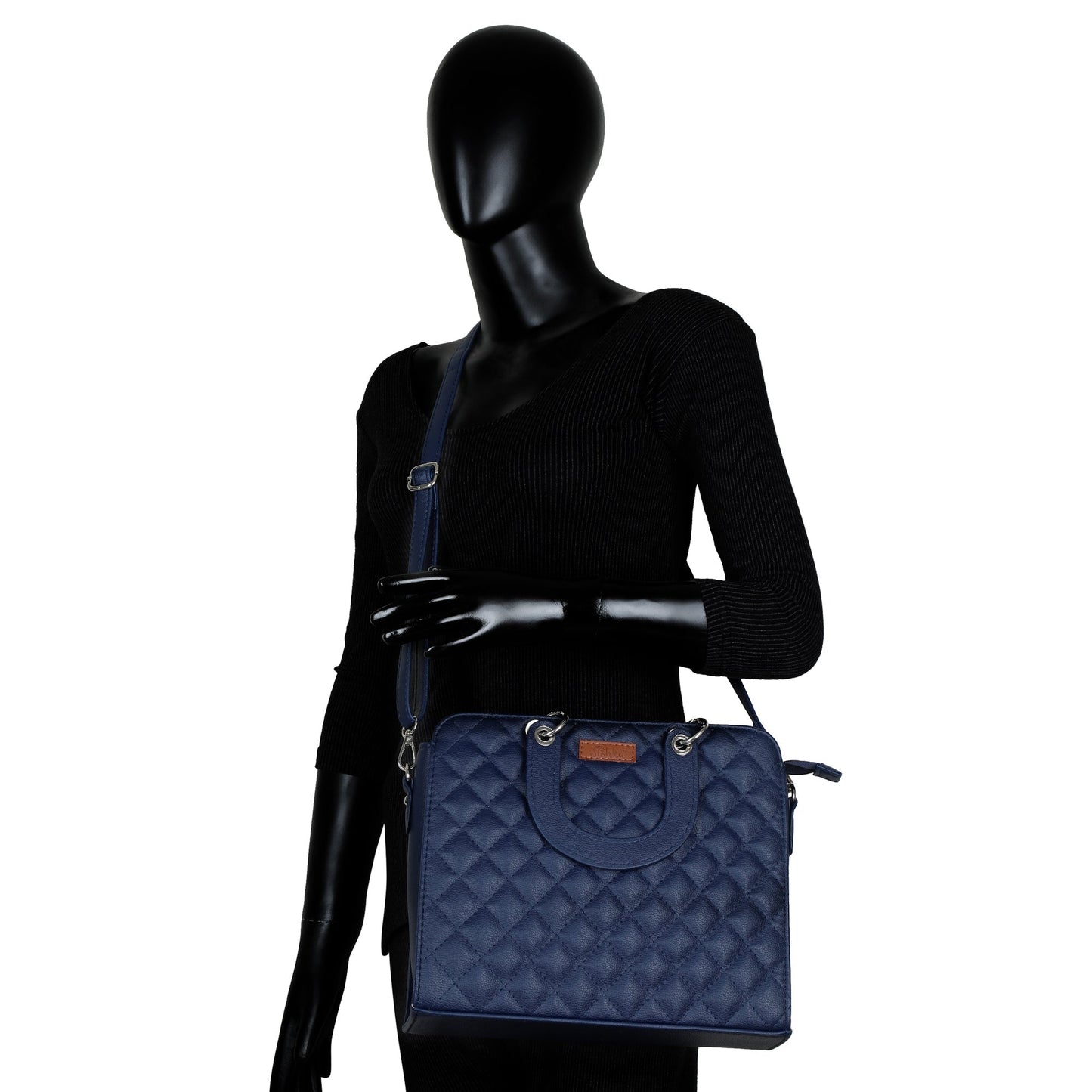 Women’s Blue Quilted Vegan Leather Tote Bag –  Wholesale Top Handle Satchel Handbag