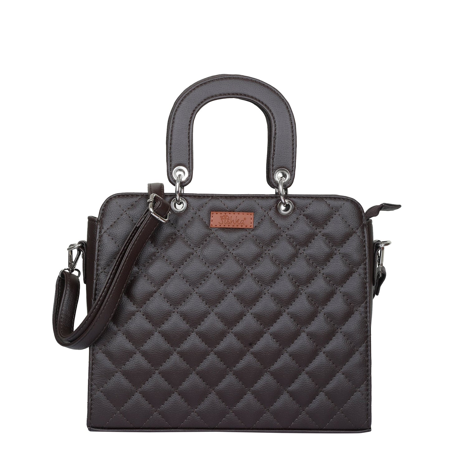 Women’s brown quilted vegan leather top‑handle satchel handbag with shoulder strap