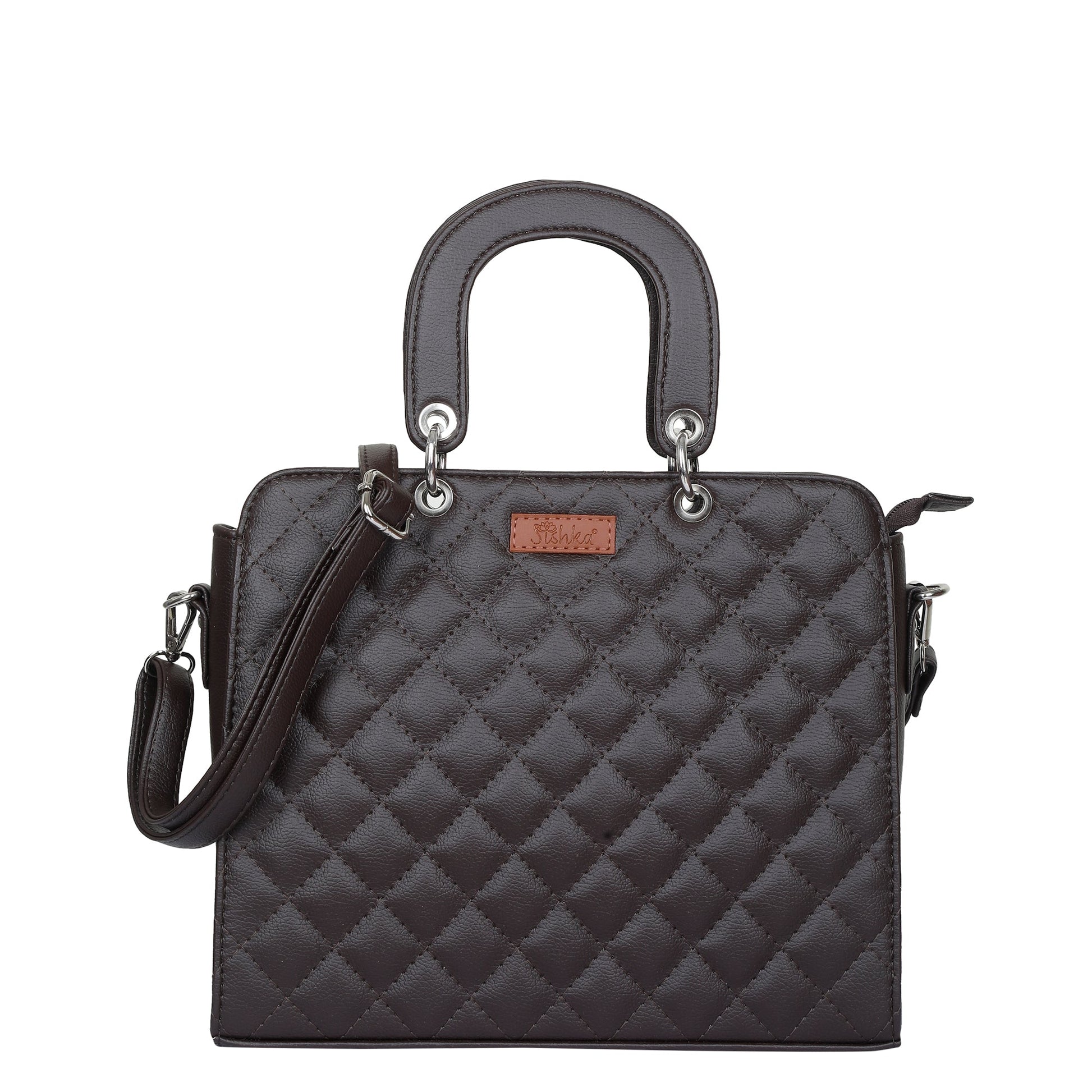 Women’s brown quilted vegan leather top‑handle satchel handbag with shoulder strap