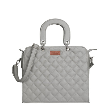 Women’s grey quilted vegan leather top‑handle satchel handbag with shoulder strap