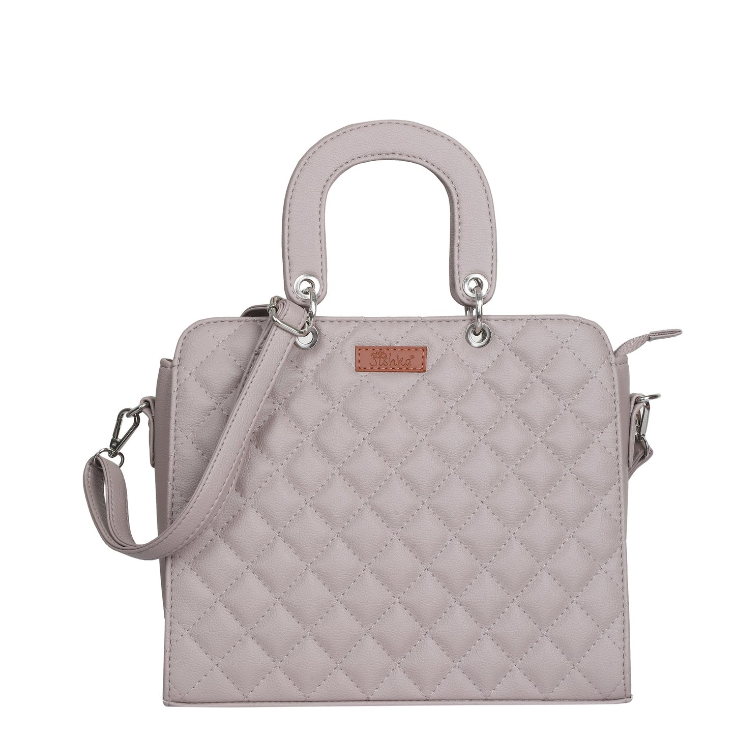 Women’s mauve quilted vegan leather top‑handle satchel handbag with shoulder strap