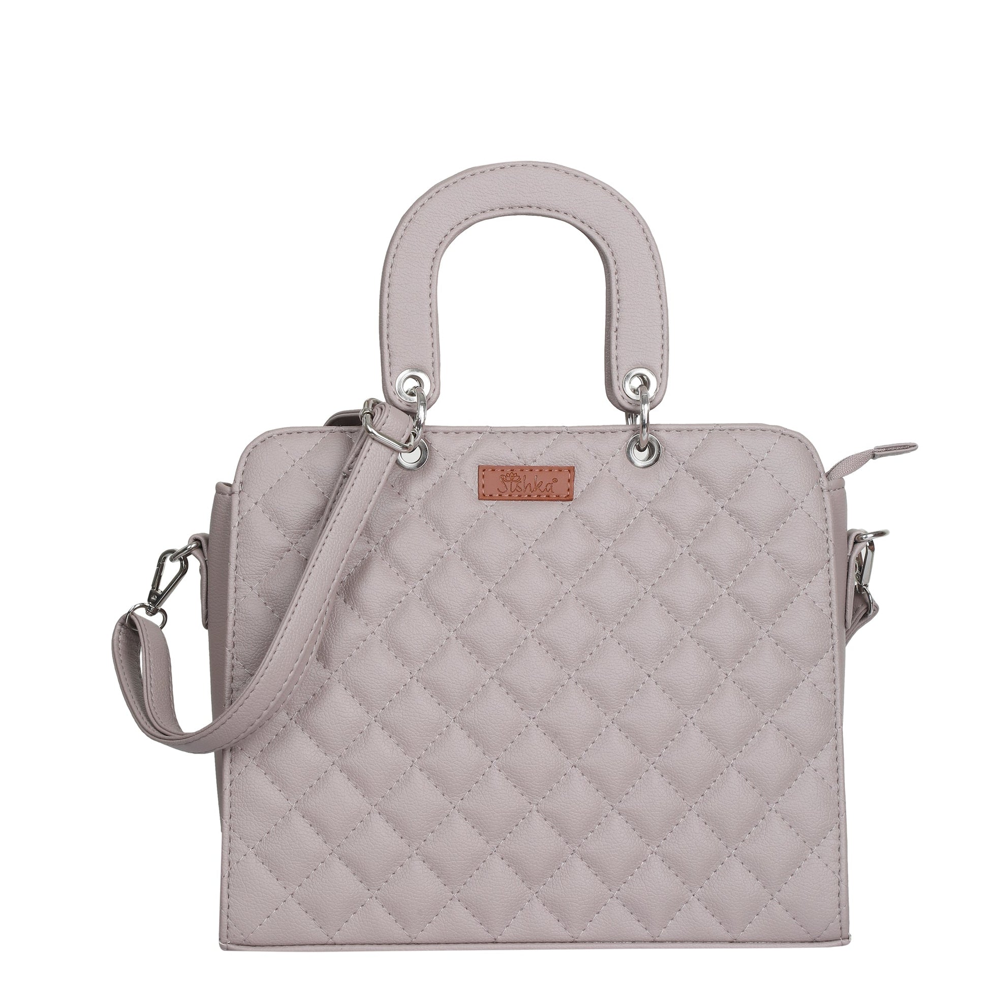 Women’s mauve quilted vegan leather top‑handle satchel handbag with shoulder strap