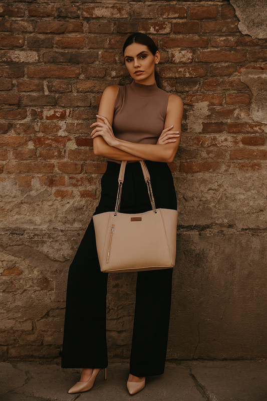 Wholesale Beige Vegan Leather Satchel Handbag – Women’s Tote & Shoulder Bag