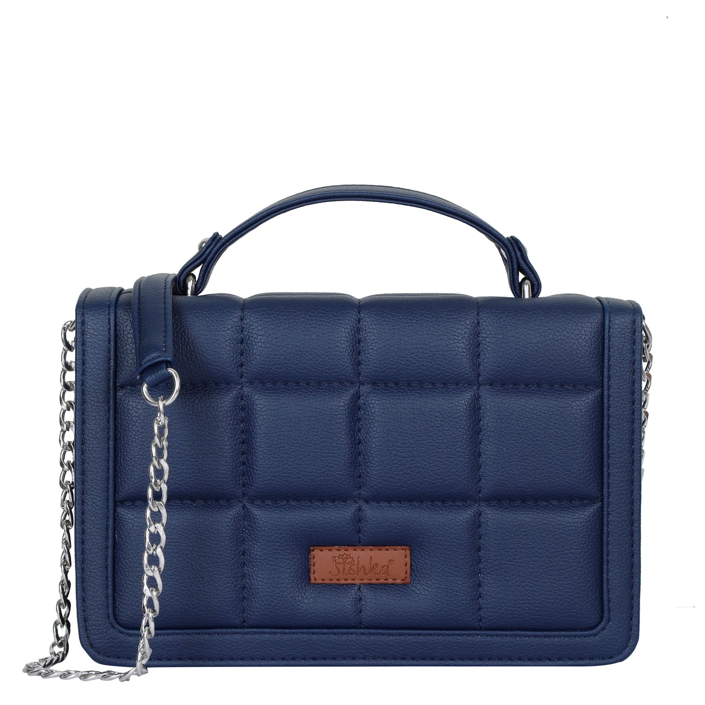 Women’s blue quilted vegan leather crossbody sling bag with top handle and chain strap