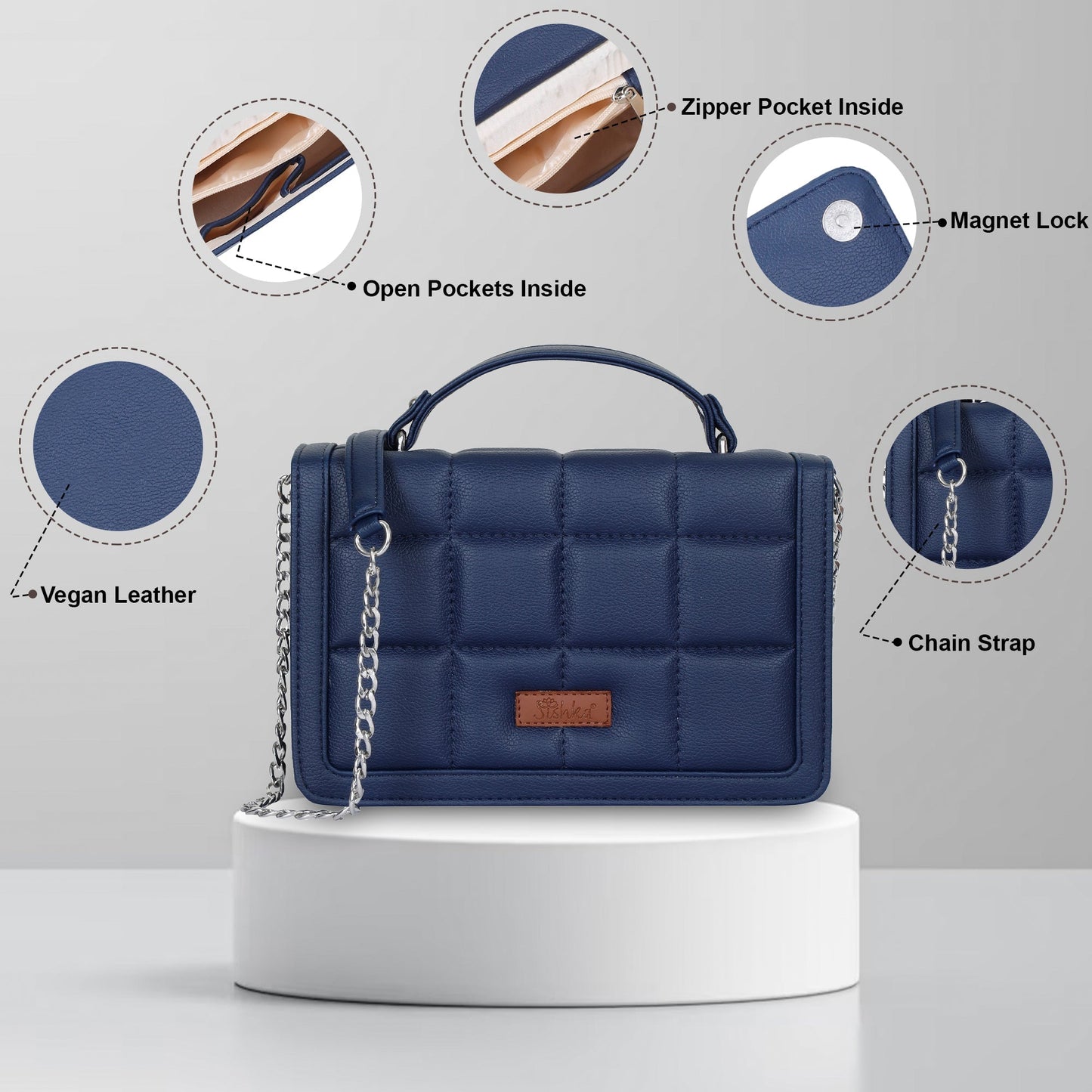Women’s Blue Vegan Leather Crossbody Sling Bag – Chain Strap Wholesale Shoulder Handbag