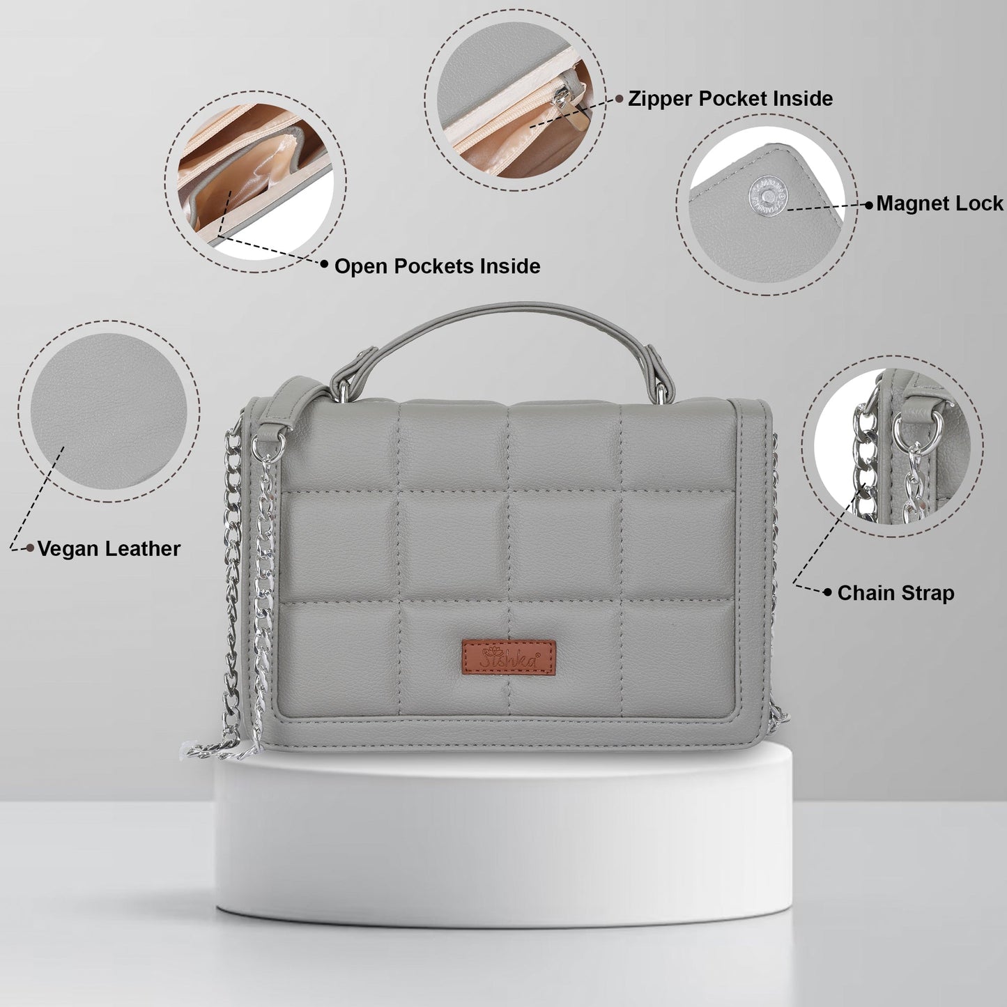 Grey Vegan Leather Crossbody Sling Bag – Wholesale Women’s Chain Strap Shoulder Handbag