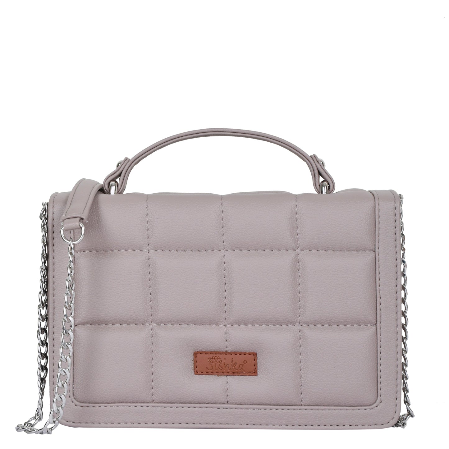Women’s mauve quilted vegan leather crossbody sling bag with padded finish and chain strap
