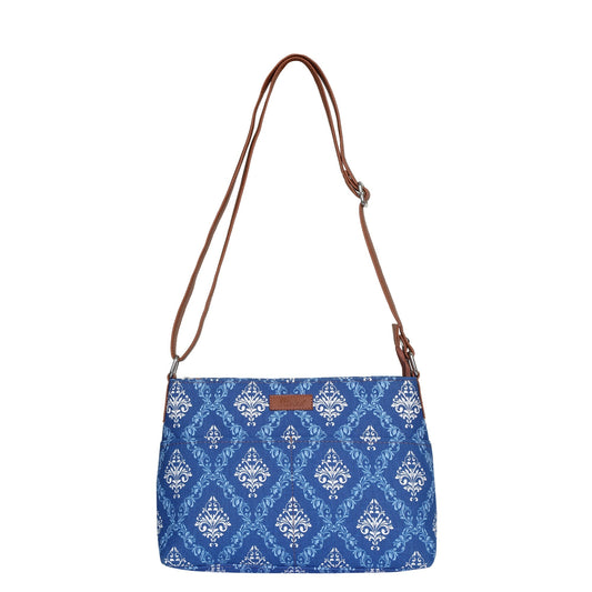 Women’s Blue Pattern Crossbody Bags with Vegan Leather Trim – Wholesale