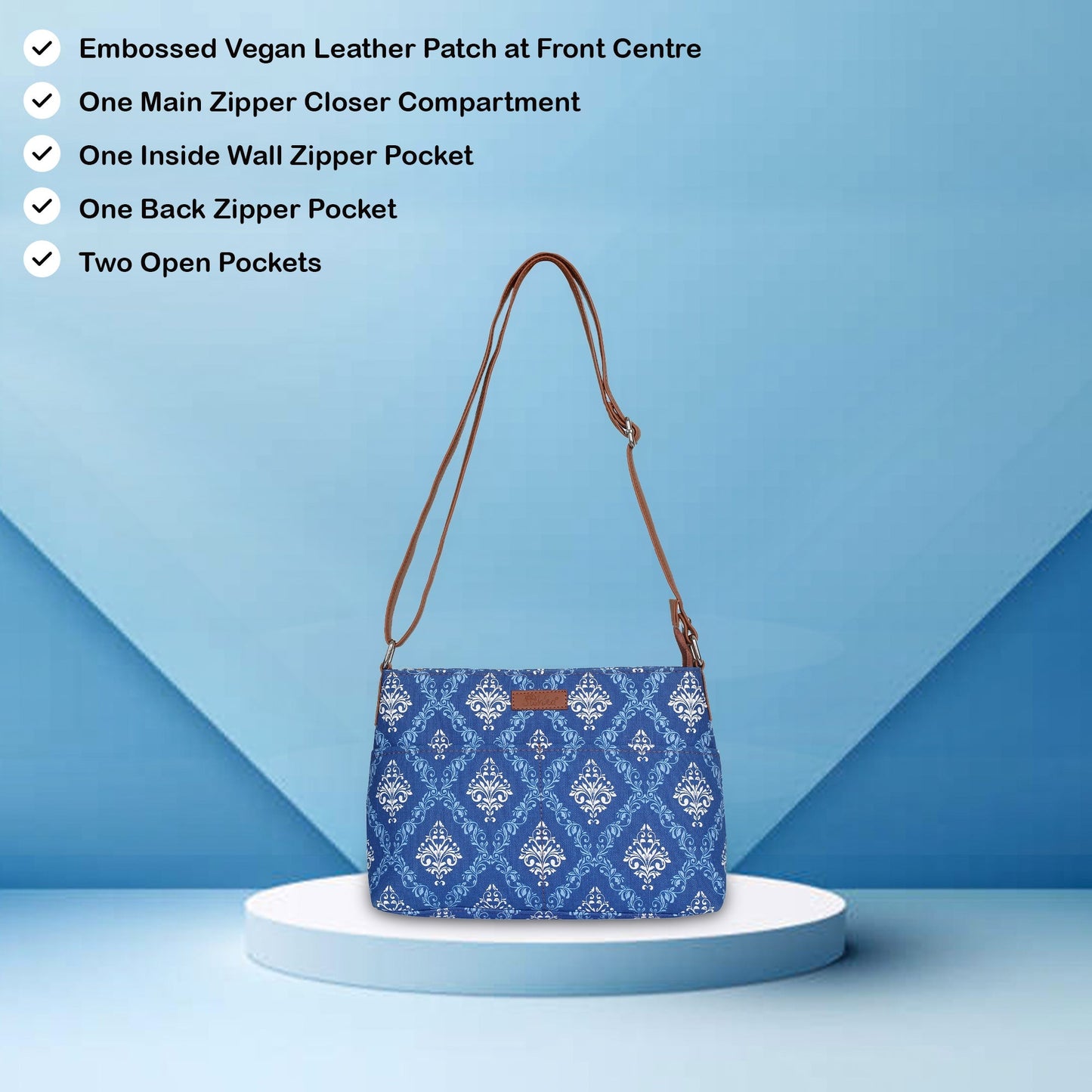 Women’s Blue Pattern Crossbody Bags with Vegan Leather Trim – Wholesale