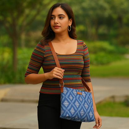 Women’s Blue Pattern Crossbody Bags with Vegan Leather Trim – Wholesale