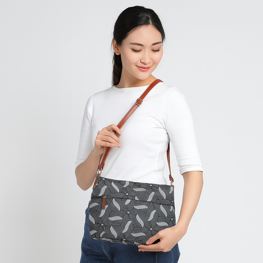 Women’s Abstract Fabric Crossbody Bags with Vegan Leather Trim – Wholesale