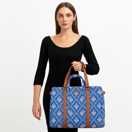 Women’s Blue Shoulder Tote Bags with Vegan Leather Trim Handles– Wholesale