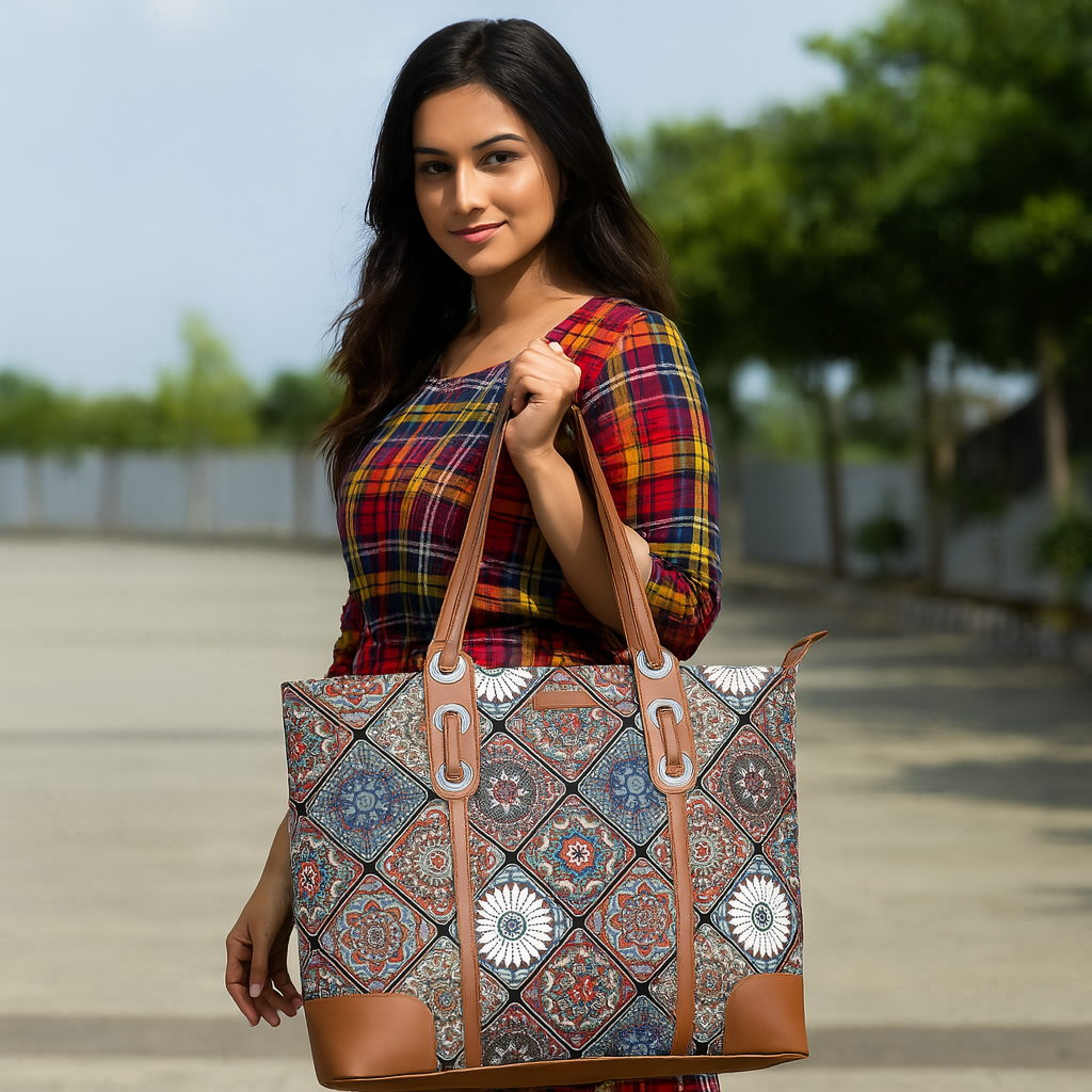 Women’s Multicolor Shoulder Tote Bags with Vegan Leather Trim – Wholesale