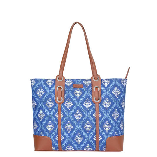 Women’s Blue Shoulder Tote Bags with Vegan Leather Trim Handle – Wholesale