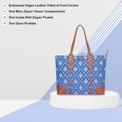 Women’s Blue Shoulder Tote Bags with Vegan Leather Trim Handle – Wholesale