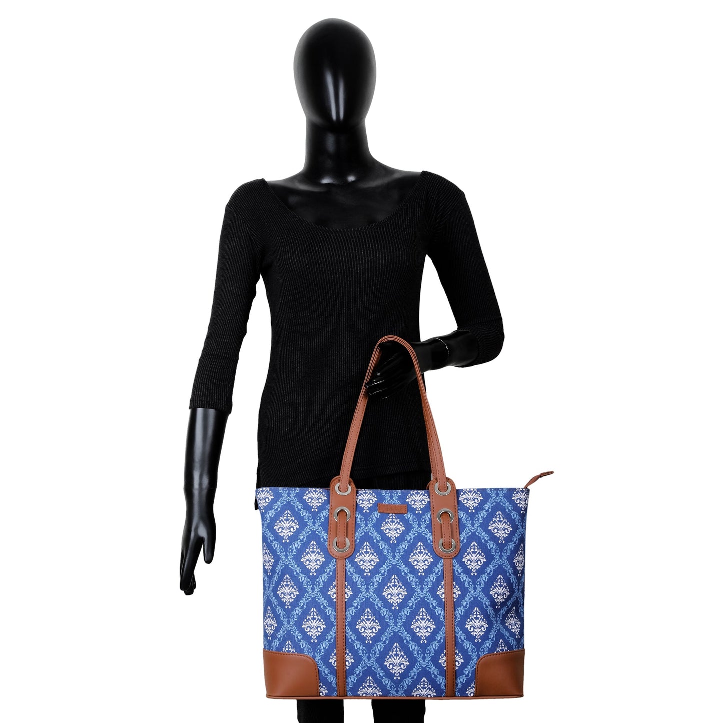 Women’s Blue Shoulder Tote Bags with Vegan Leather Trim Handle – Wholesale