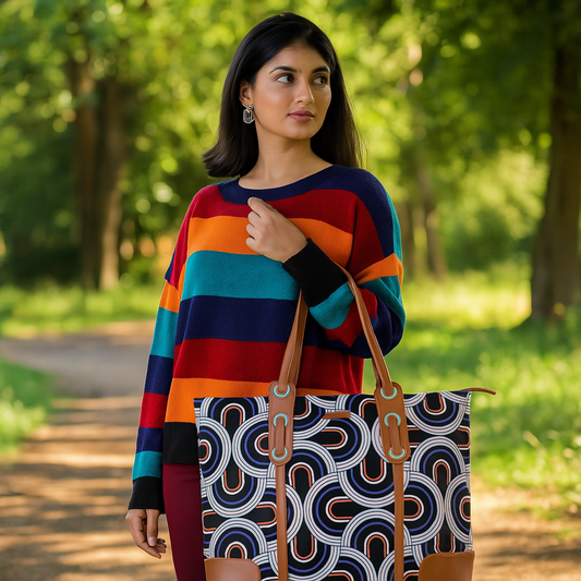 Women’s Abstract Shoulder Tote Bags with Vegan Leather Trim – Wholesale