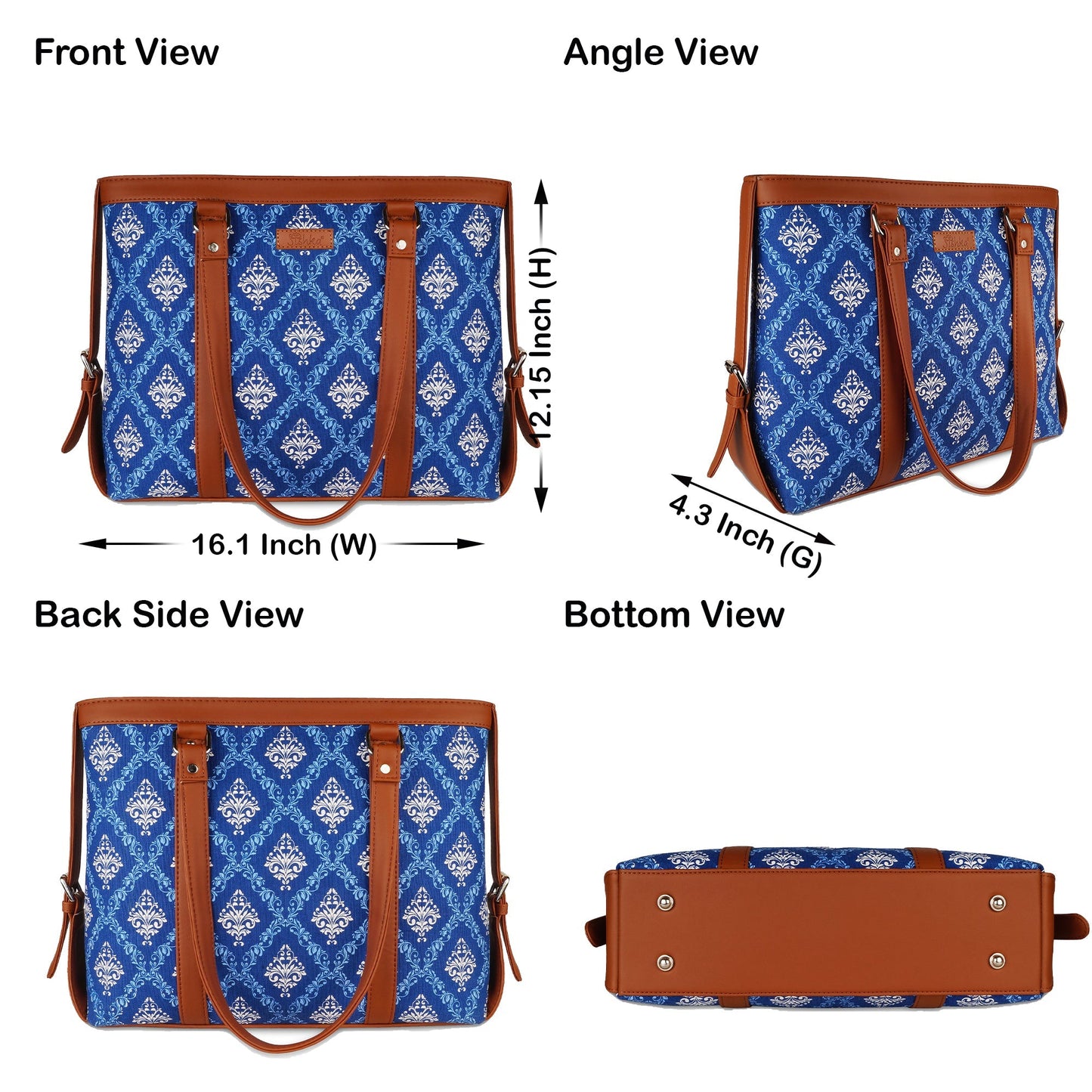 Women’s Blue Laptop Tote Bags with Vegan Leather Trim – Wholesale