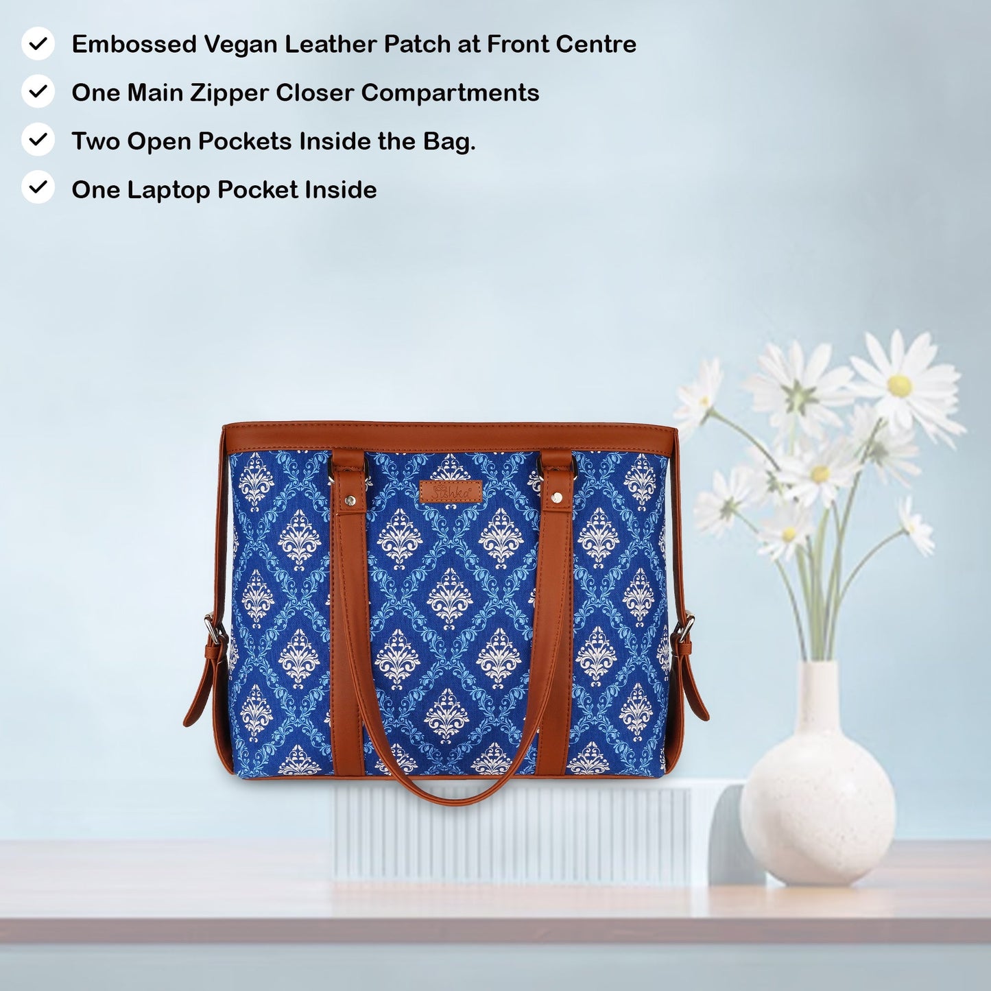 Women’s Blue Laptop Tote Bags with Vegan Leather Trim – Wholesale