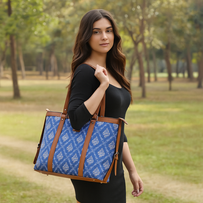 Women’s Blue Laptop Tote Bags with Vegan Leather Trim – Wholesale