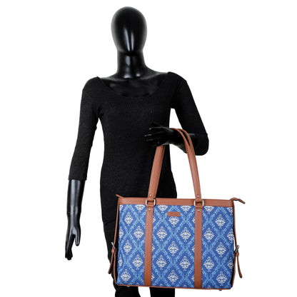 Women’s Blue Laptop Tote Bags with Vegan Leather Trim – Wholesale